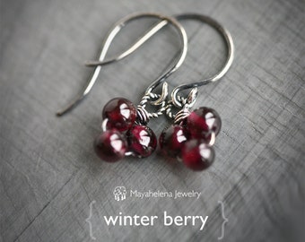 Winter Berry  - Garnet Rounds Drop Sterling Silver Earrings