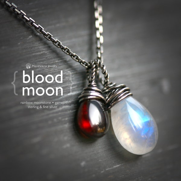 Blood Moon Rainbow Moonstone Red Garnet Sterling Silver Charm Necklace