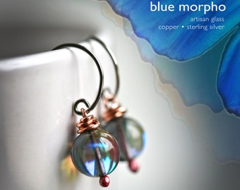 Blue Morpho Artisan Glass Mixed Metal Copper and Sterling Earrings