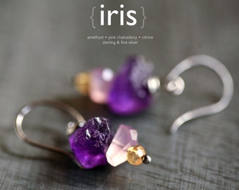 Iris  - Raw Amethyst Pink Chalcedony Citrine Sterling Silver Wire Wrapped Earrings