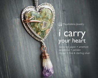 i carry your heart  Rainforest Jasper Amethyst Heart Copper Sterling Silver Pendant Valentine Gift