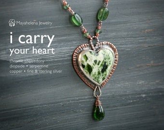 i carry your heart  Chrome Chalcedony Diopside Heart Copper Sterling Silver Pendant Valentine Gift