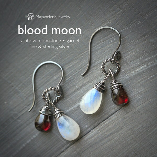 Blood Moon - Moonstone and Garnet Wire Wrapped Sterling Silver Earrings