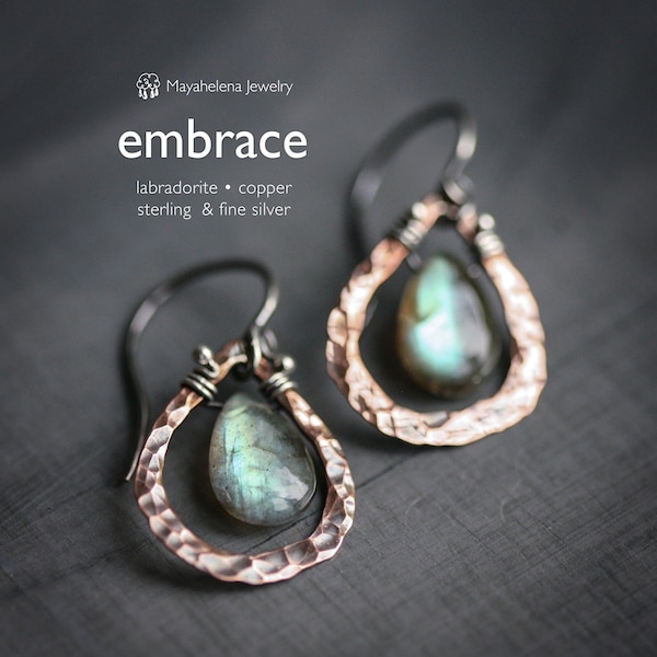 Embrace  - Smooth Labradorite Briolettes and Copper Sterling Silver Wire Wrapped Earrings