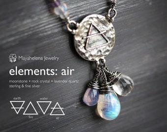 Elements: Air - Rainbow Moonstone, Rock Crystal, lavender quartz with Alchemy Charm Sterling Silver Necklace