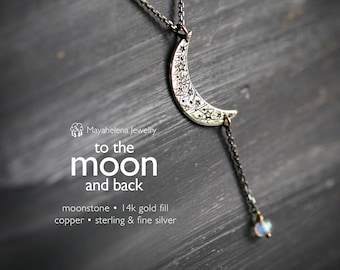 To the Moon and Back - Hand Forged Moon Sterling Silver Necklace with a Moonstone Dangle
