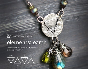 Elements: Earth - Labradorite Smoky Quartz Peridot with Alchemy Charm Sterling Silver Necklace