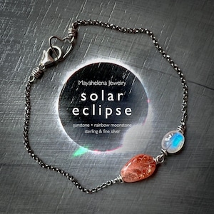 Solar Eclipse - Moonstone and Sunstone Wire Wrapped Sterling Silver Bracelet