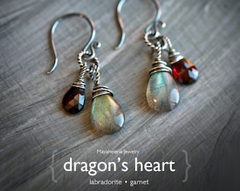 Dragon's Heart - Labradorite and Garnet Wire Wrapped Sterling Silver Earrings