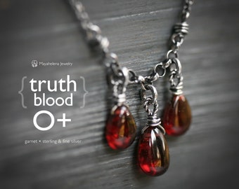 Truth Blood 0+ - Tree Smooth Garnets Wire Wrapped Sterling Silver Necklace - January Birthstone