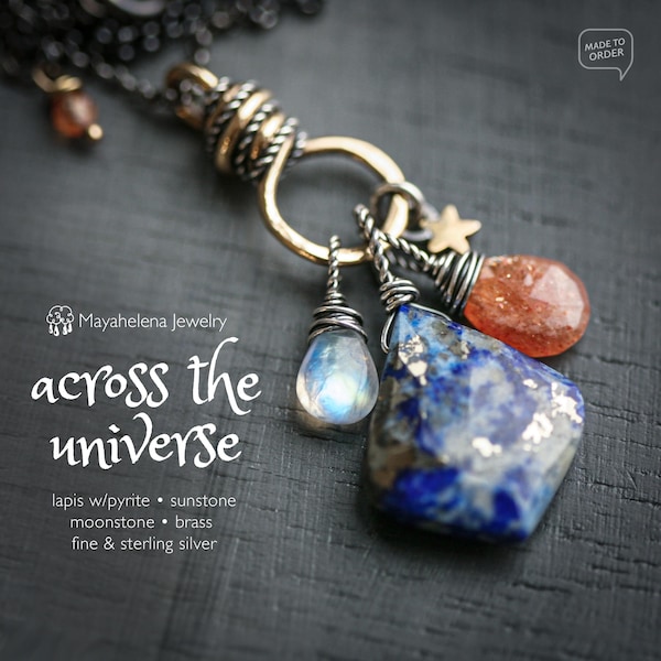 Lapis Lazuli, Sunstone, Moonstone Charm Necklace – Sterling Silver, Brass Accents
