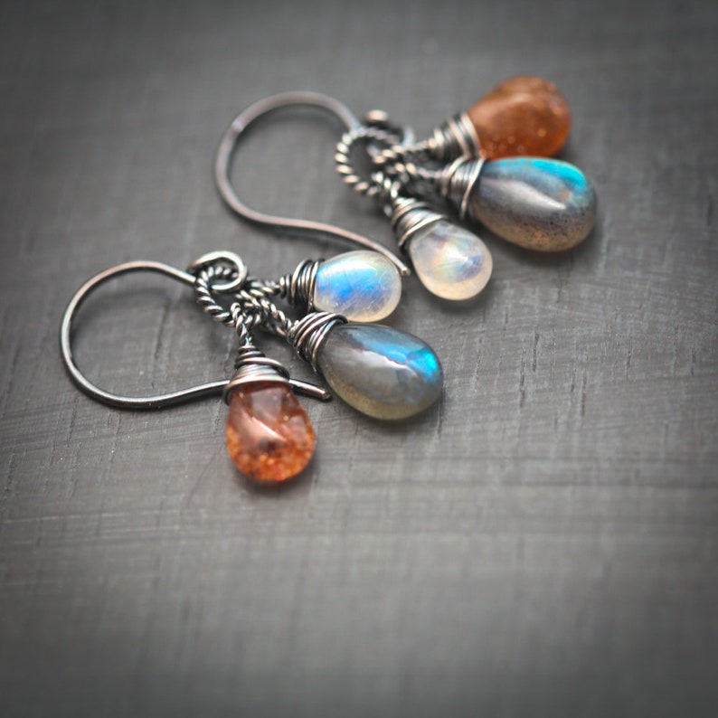 The Equinox Labradorite Moonstone and Sunstone Wire Wrapped Sterling Silver Earrings image 4