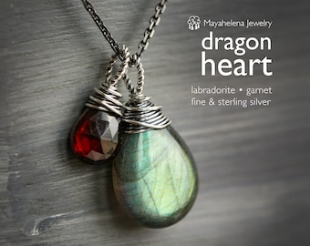 Dragon's Heart - Wire Wrapped Green Labradorite and Garnet Sterling Silver Necklace