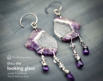 Thru the Looking Glass - Chevron Amethyst Slices Riveted Sterling Silver Earrings