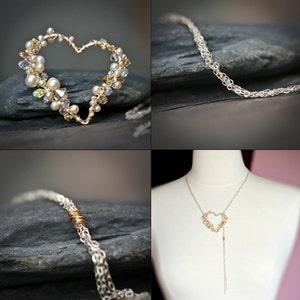 Pearl and Crystal Encrusted Sterling Gold Wire Wrapped Heart Lariat image 4