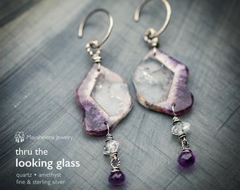 Thru the Looking Glass - Chevron Amethyst Slices Riveted Sterling Silver Earrings