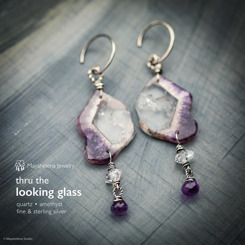 Thru the Looking Glass Chevron Amethyst Slices Riveted Sterling Silver Earrings image 1