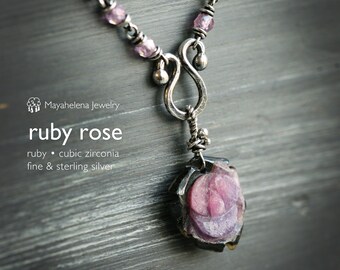 Ruby Rose -  Ruby Carving and Cubic Zirconia Sterling Silver Necklace