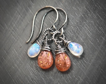 Solar Eclipse - Sunstone & Moonstone Wire Wrapped Smooth Briolette Blackened Sterling Silver Earrings