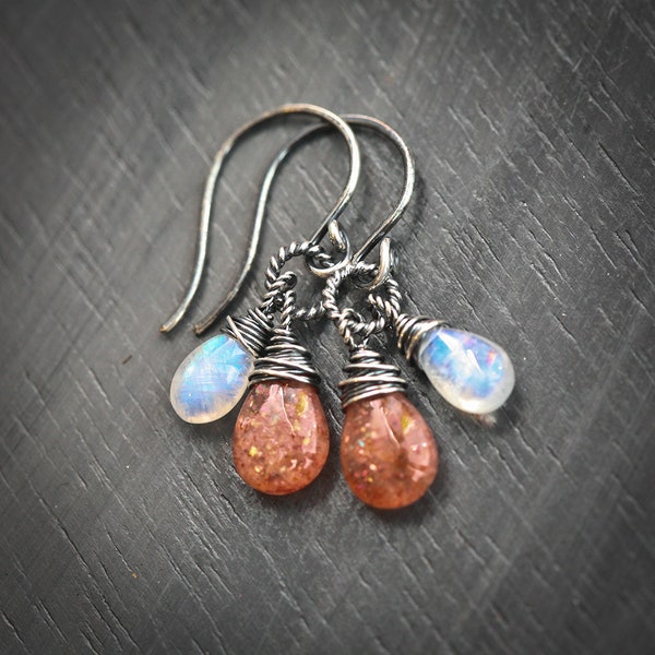 Solar Eclipse - Sunstone & Moonstone Wire Wrapped Smooth Briolette Blackened Sterling Silver Earrings