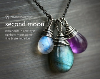 Second Moon  -  Labradorite Amethyst Moonstone Wire Wrapped Sterling Silver Necklace