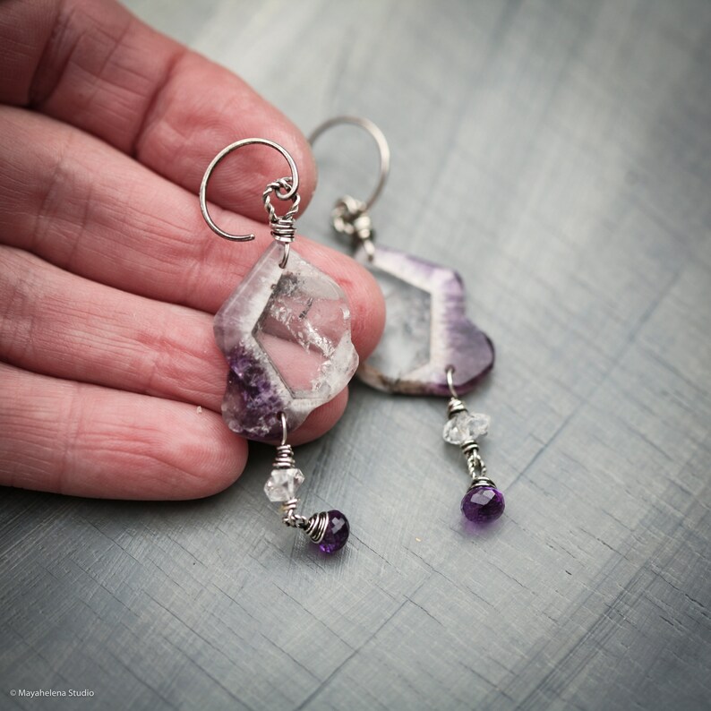 Thru the Looking Glass Chevron Amethyst Slices Riveted Sterling Silver Earrings image 6