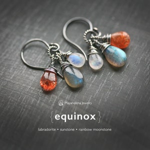 The Equinox Labradorite Moonstone and Sunstone Wire Wrapped Sterling Silver Earrings image 1