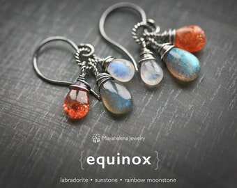 The Equinox  - Labradorite Moonstone and Sunstone Wire Wrapped Sterling Silver Earrings