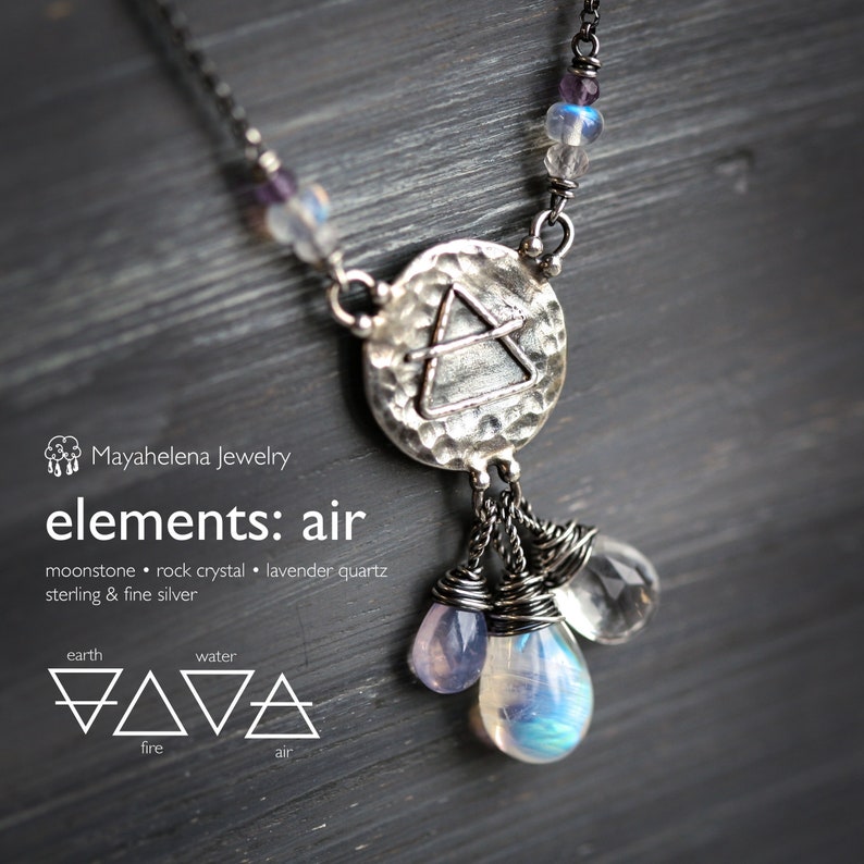 Elements: Air Rainbow Moonstone, Rock Crystal, lavender quartz with Alchemy Charm Sterling Silver Necklace image 1