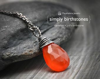 Simply Carnelian - July's Birthstone Wire Wrapped Sterling Silver Necklace