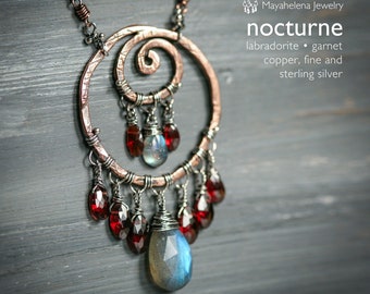 Nocturne - Labradorite and Garnet Wire Wrapped Sterling Silver Copper Necklace