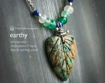 Earthy -  Chrysocolla Heart Leaf Chalcedony Laps Sterling Silver Necklace