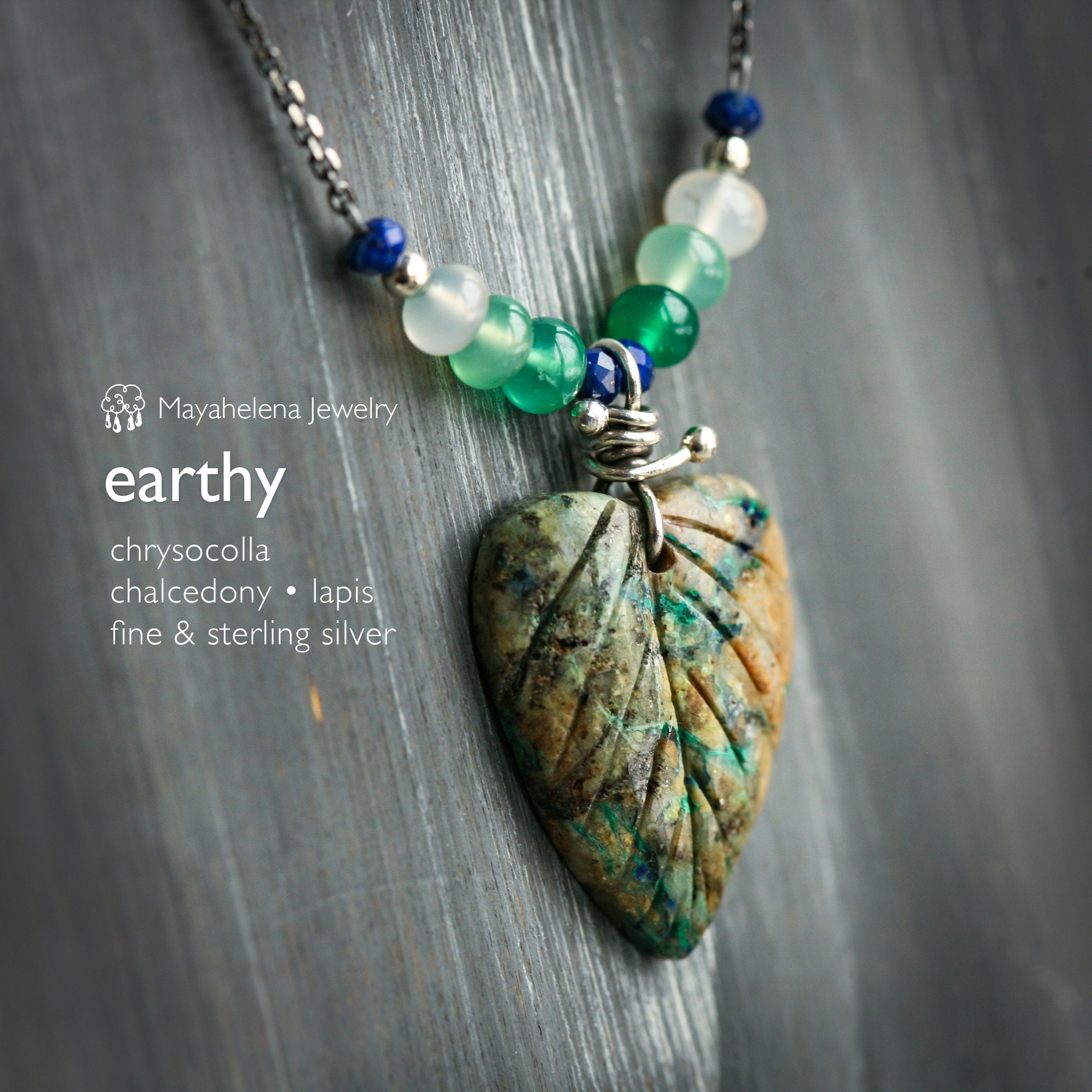 Earthy -  Chrysocolla Heart Leaf Chalcedony Laps Sterling Silver Necklace