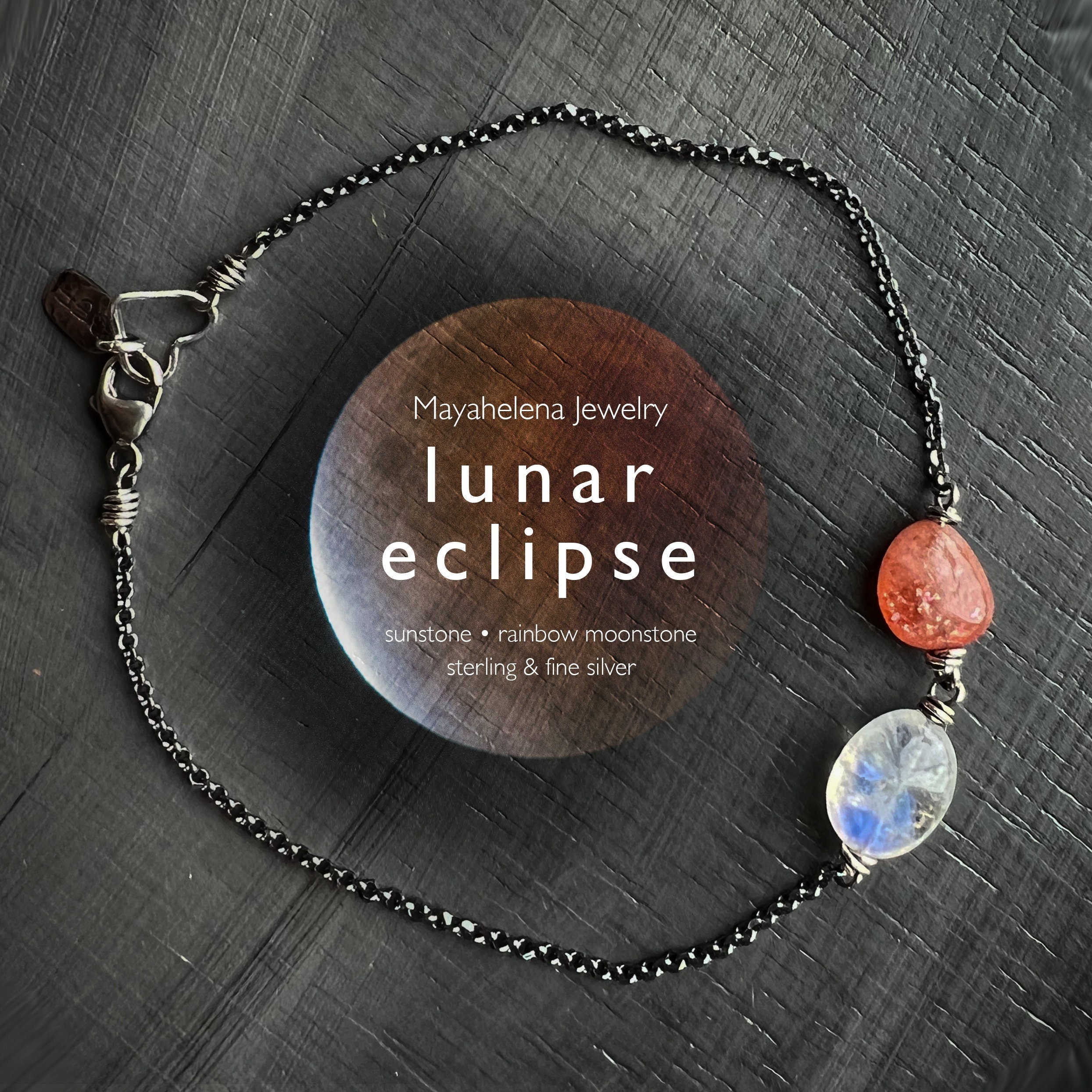 Lunar Eclipse Moonstone and Sunstone Wire Wrapped Sterling 