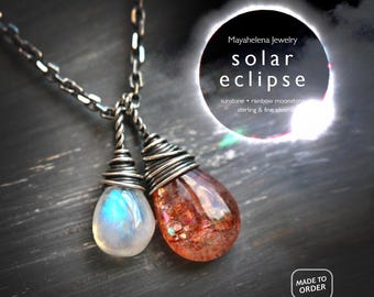 Solar Eclipse - Moonstone and Sunstone Wire Wrapped Sterling Silver Necklace