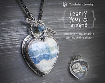 ich trage dein Herz e.e. cummings Scheelit Herz mit Aquamarin Sterling Silber Halskette Anhänger Valentine Geschenk