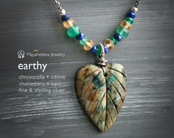 Earthy -  Chrysocolla Heart Leaf Chalcedony Lapis CitrineSterling Silver Necklace