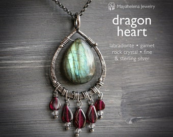 Dragon Heart - Labradorite and Garnet Wire Wrapped Sterling Silver Necklace