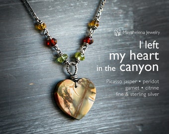 My Heart in the Canyon - Picasso Jasper Heart Peridot Garnet Citrine Sterling Silver Necklace