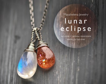 Lunar Eclipse - Moonstone and Sunstone Wire Wrapped Sterling Silver Necklace