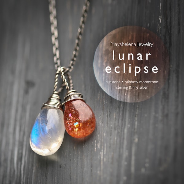 Lunar Eclipse - Moonstone and Sunstone Wire Wrapped Sterling Silver Necklace