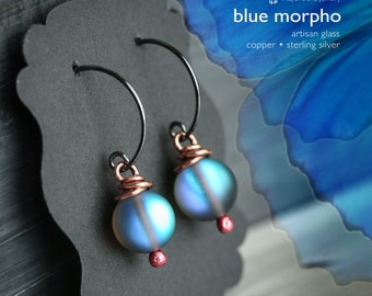 Frosty Blue Morpho Artisan Glass Mixed Metal Copper and Sterling Earrings