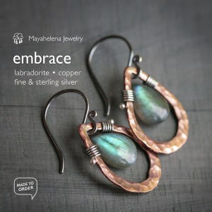 Embrace  - Smooth Labradorite Briolettes and Copper Sterling Silver Wire Wrapped Earrings