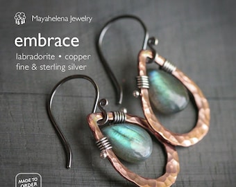 Embrace  - Smooth Labradorite Briolettes and Copper Sterling Silver Wire Wrapped Earrings