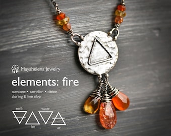 Elements: Fire - Sunstone Carnelian Citrine with Alchemy Charm Sterling Silver Necklace