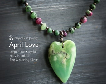 April Love -  Serpentine Heart Ruby in Zoisite Pyrite Sterling Silver Necklace