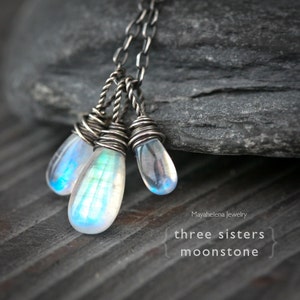 Three Sisters - Rainbow Moonstone Wire Wrapped Sterling Silver Necklace