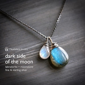 Dark Side of the Moon - Labradorite and Moonstone Wire Wrapped Sterling Silver Necklace