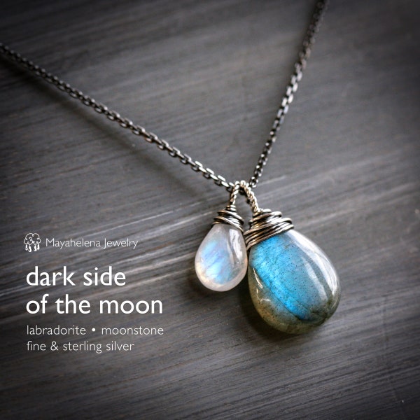 Dark Side of the Moon - Labradorite and Moonstone Wire Wrapped Sterling Silver Necklace