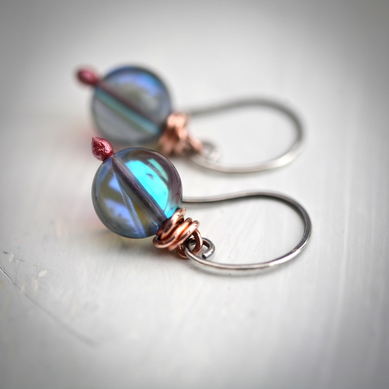 Blue Morpho Artisan Glass Mixed Metal Copper and Sterling Earrings image 7